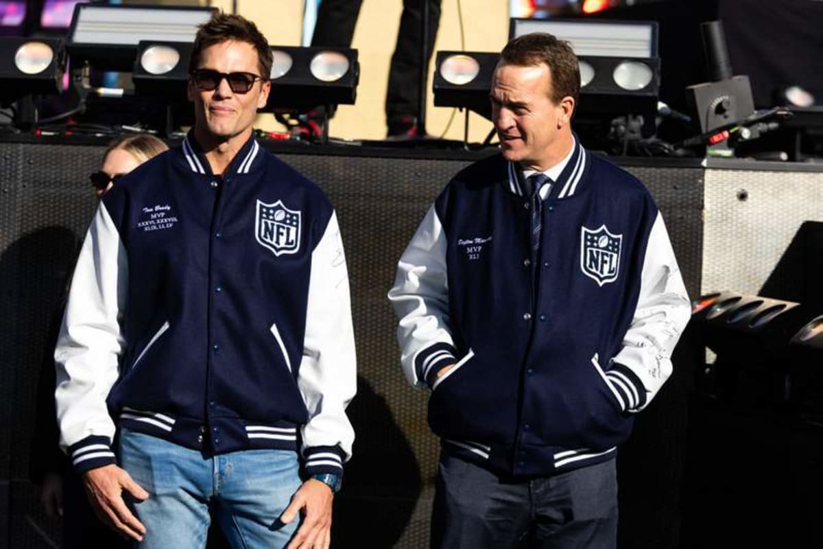 Feb 8, 2026; Santa Clara, CA, USA; Tom Brady (left) and Peyton Manning before Super Bowl LX between the Seattle Seahawks and the New England Patriots at Levi's Stadium. © Mark J. Rebilas-Imagn Images