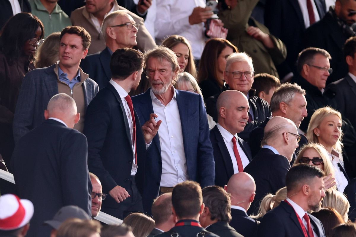 Sir Jim Ratcliffe speaks in the stands