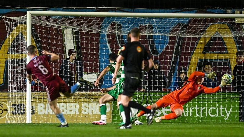 Shamrock Rovers goalkeeper Ed McGinty fails to save the shot from Aaron Bolger of Galway United for their second goal of the game during the SSE Airtricity Men's Premier Division match between Galway United and Shamrock Rovers at Eamonn Deacy Park in Galw