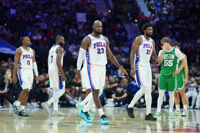 LeBron James, Joel Embiid, Jaylen Brown and Tyrese Maxey of the Philadelphia 76ers look on