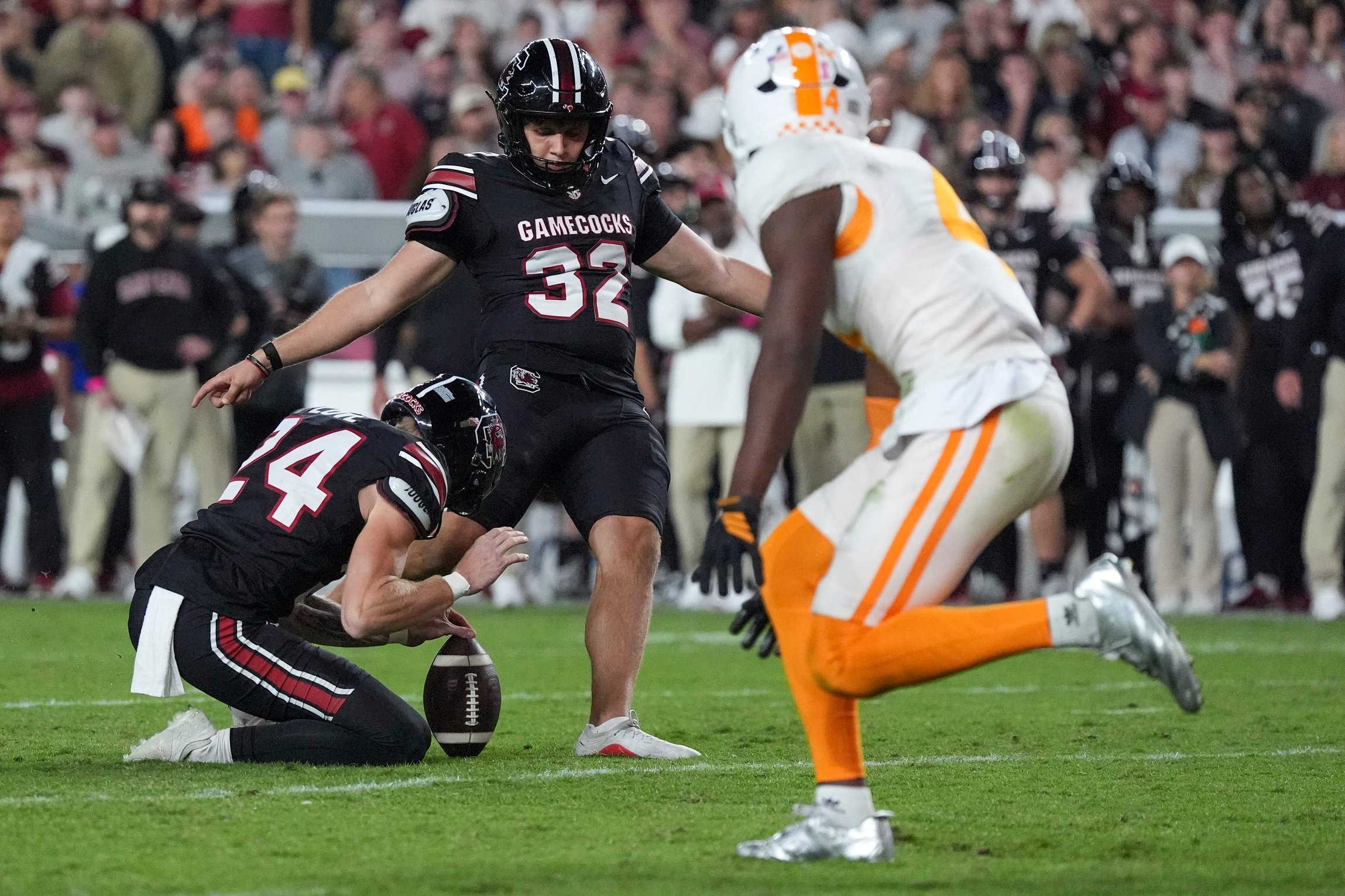 Oct 24, 2026; Columbia, South Carolina, USA;  South Carolina Gamecocks kicker Malik Orsan (32) kicks a field goal during the second half against the Tennessee Volunteers at Williams-Brice Stadium.  Mandatory Credit: Jim Dedmon-Imagn Images