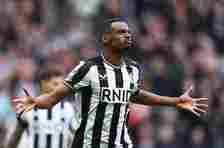 Alexander Isak of Newcastle United celebrates scoring his team's first goal during the Premier League match between Newcastle United and Tottenham Hotspur at St. James Park on April 13, 2024