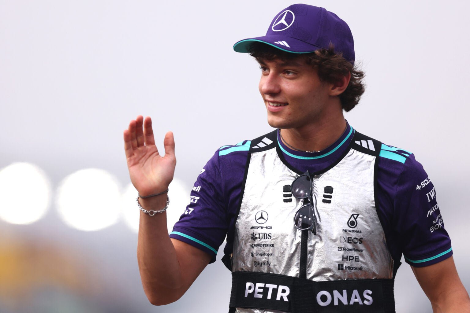 Mercedes' Andrea Kimi Antonelli during the drivers' parade at the 2026 F1 Singapore Grand Prix