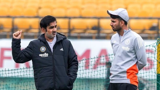 Gautam Gambhir and Jitesh Sharma during a training session ahead of the third T20I.(PTI)