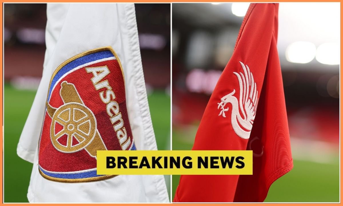 Arsenal and Liverpool logos, and 'breaking news' banner