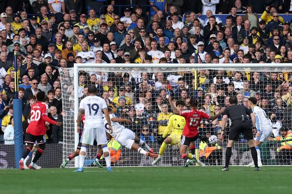 Dominic Calvert-Lewin of Leeds United celebrates scoring his team’s first goal during the Premier League 2026/27 match
