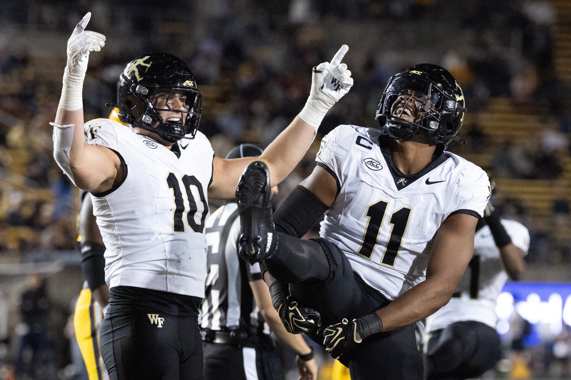 Oct 17, 2026; Berkeley, California, USA;  Wake Forest Demon Deacons defensive lineman Langston Hardy (11) celebrates his sack of California Golden Bears quarterback Jackson Brousseau with teammate Gabe Kirschke (10) during the third quarter at California Memorial Stadium.  Mandatory Credit: D. Ross Cameron-Imagn Images