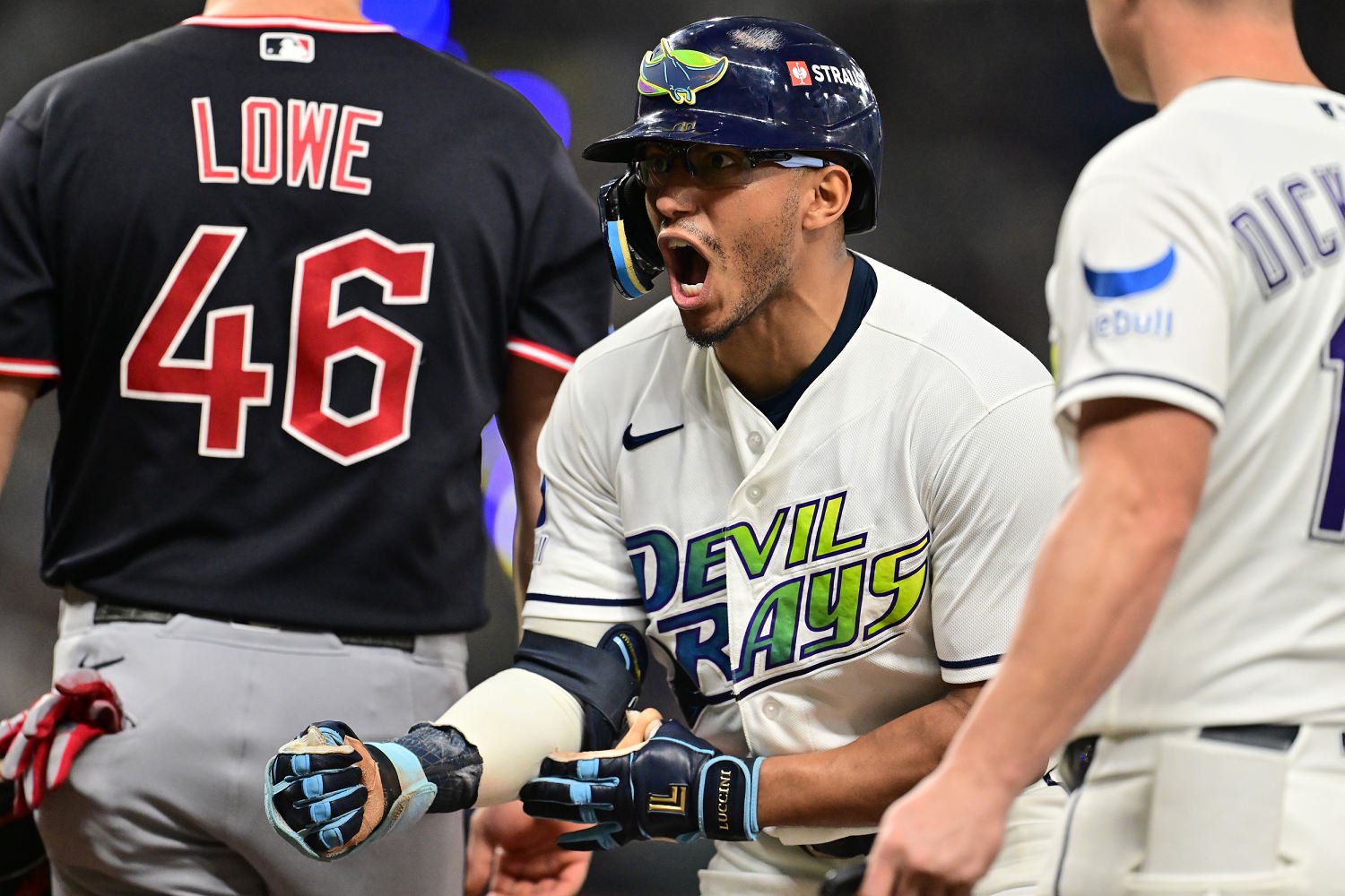 Richie Palacios #1 of the Tampa Bay Rays celebrates. (Julio Aguilar / Getty)