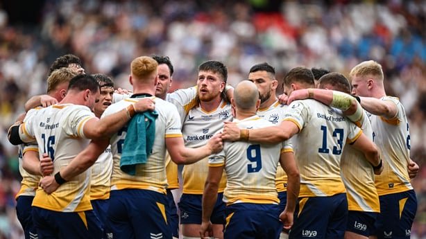 23 May 2026; Joe McCarthy of Leinster, centre, and teammates during the Investec Champions Cup final match between Leinster and Union Bordeaux Bégles at San Mamés Stadium in Bilbao, Spain. Photo by Seb Daly/Sportsfile