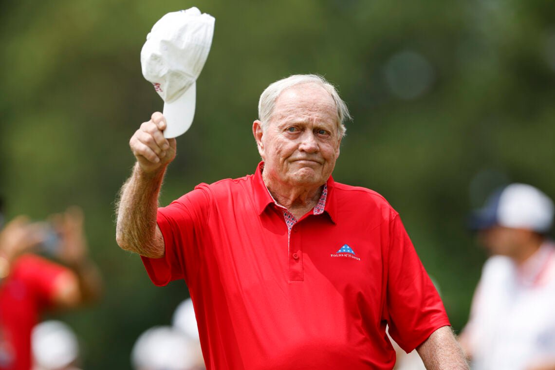 Jack Nicklaus of the United States tips his cap on the 18th hole as he participates in the Folds of Honor Greats of Golf