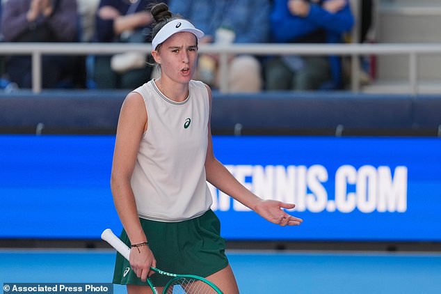 Mia Pohankova of Slovakia reacts as she plays against Diana Shnaider of Russia during their singles semifinal match at the Pan Pacific Open tennis tournament in Tokyo, Saturday, Oct. 31, 2026. (AP Photo/Eugene Hoshiko)