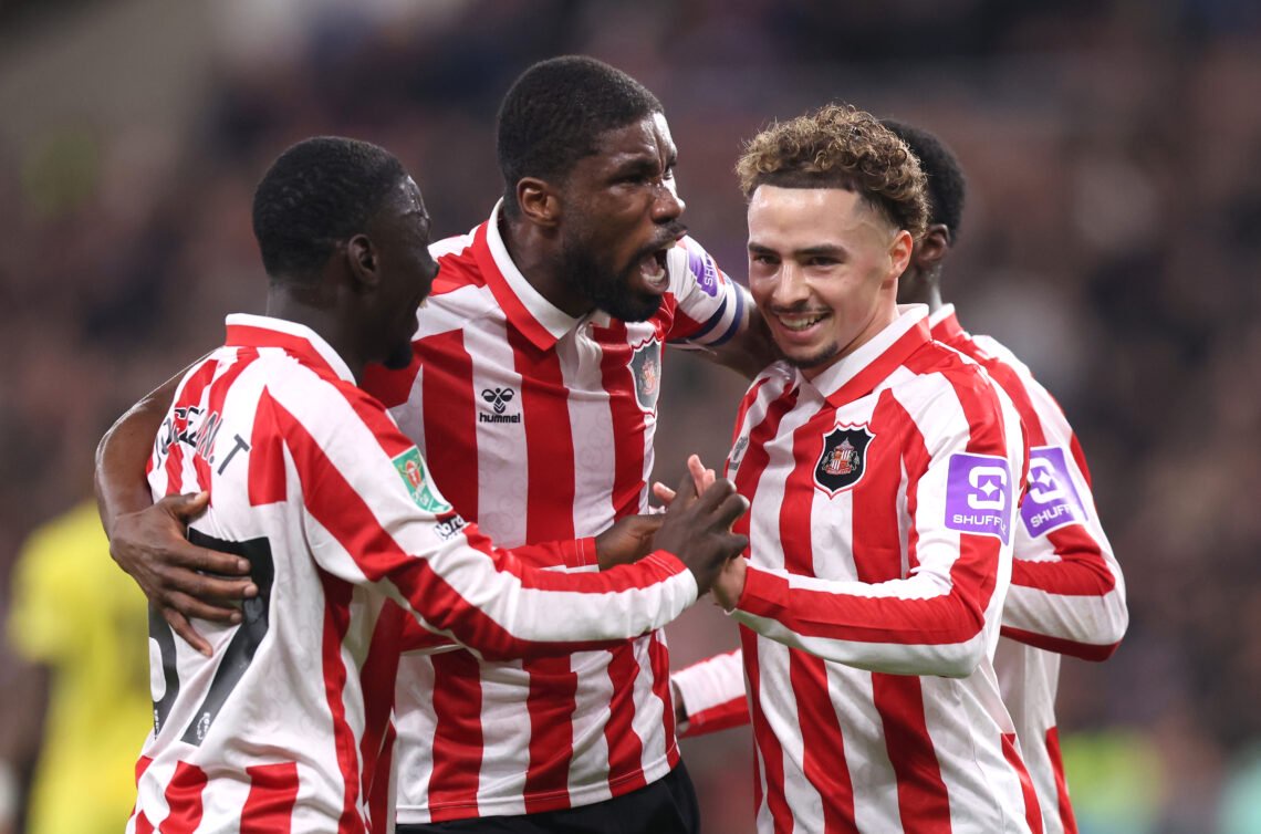 Chemsdine Talbi of Sunderland celebrates scoring his team’s first goal with Kevin Danso and Jocelin Ta Bi during the Carabao Cup Fourth Round