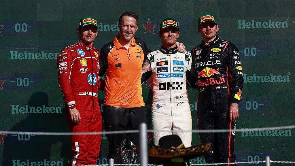 Charles Leclerc, Lando Norris and Max Verstappen on the podium after the 2025 Mexico City Grand Prix