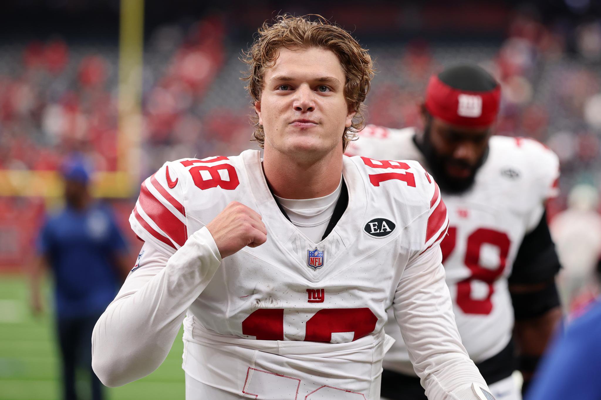 J.J. McCarthy of the New York Giants reacts on the field.