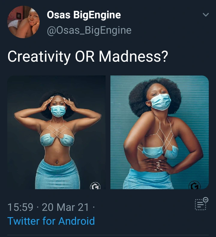 Creative or M@dness?? Lady Causes stir with her Nose Mask dress (photos)