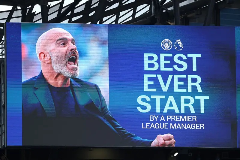 Video at Etihad Stadium showing a graphic with Enzo Maresca celebrating and the words: "Best ever start by a Premier League manager."