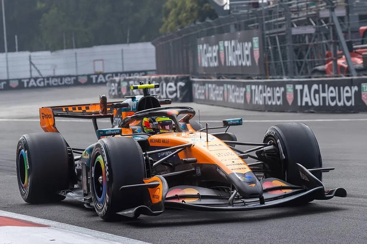 Lando Norris in his orange McLaren MCL40 on track at the Mexico City Formula 1 Grand Prix circuit