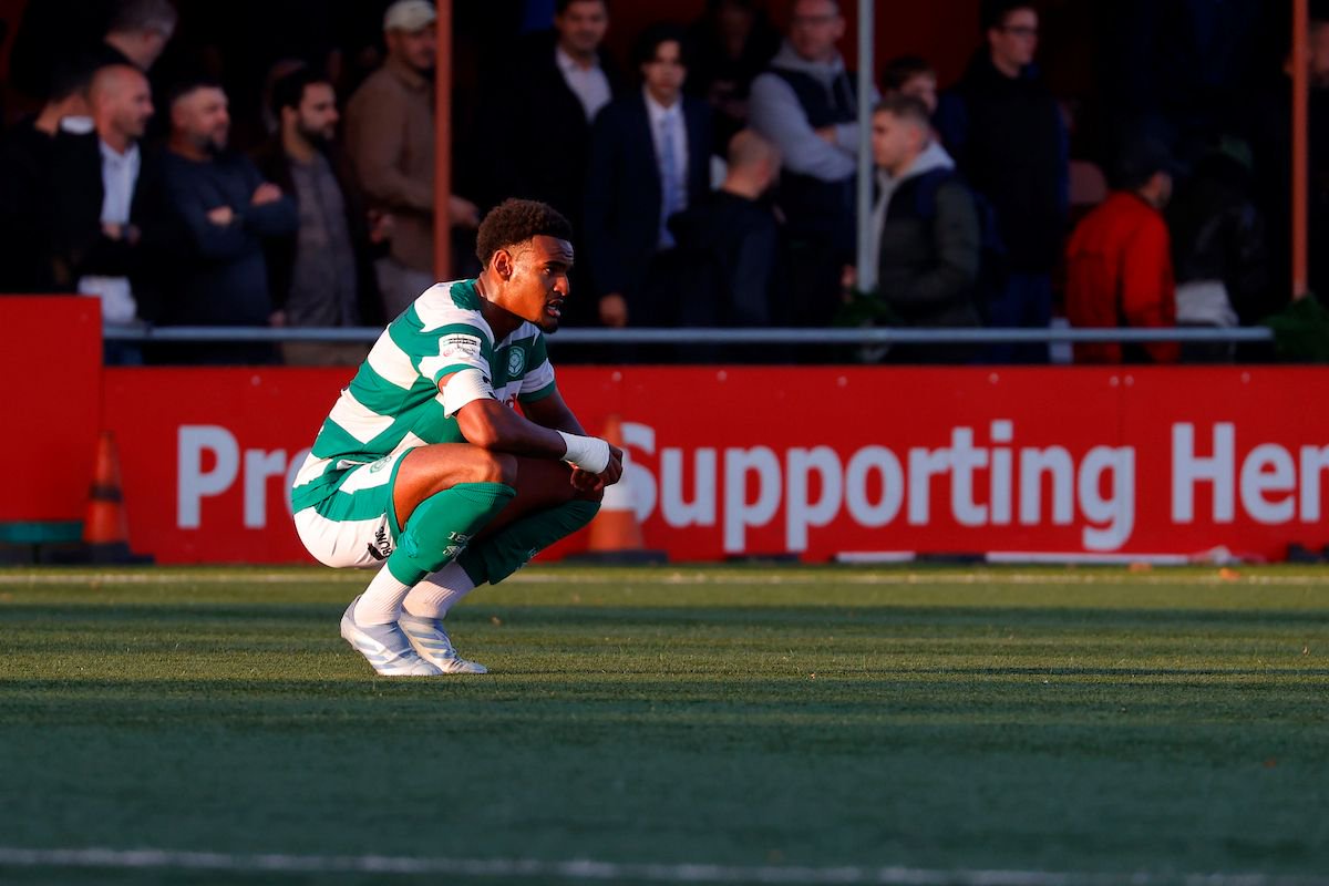 Morgan Williams of Yeovil Town looks dejected after losing during the Emirates FA Cup match between Hemel Hempstead Town FC and Yeovil Town at The Focus Community Arena, Hemel Hempstead on 11 October 2025 - PHOTO: Tom Cusden/PPAUK