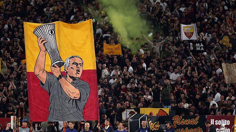 Roma fans display a banner of Jose Mourinho