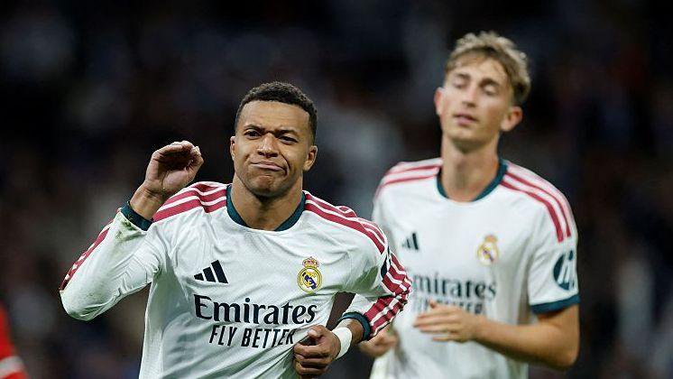 Kylian Mbappe celebrates scoring twice for Real Madrid