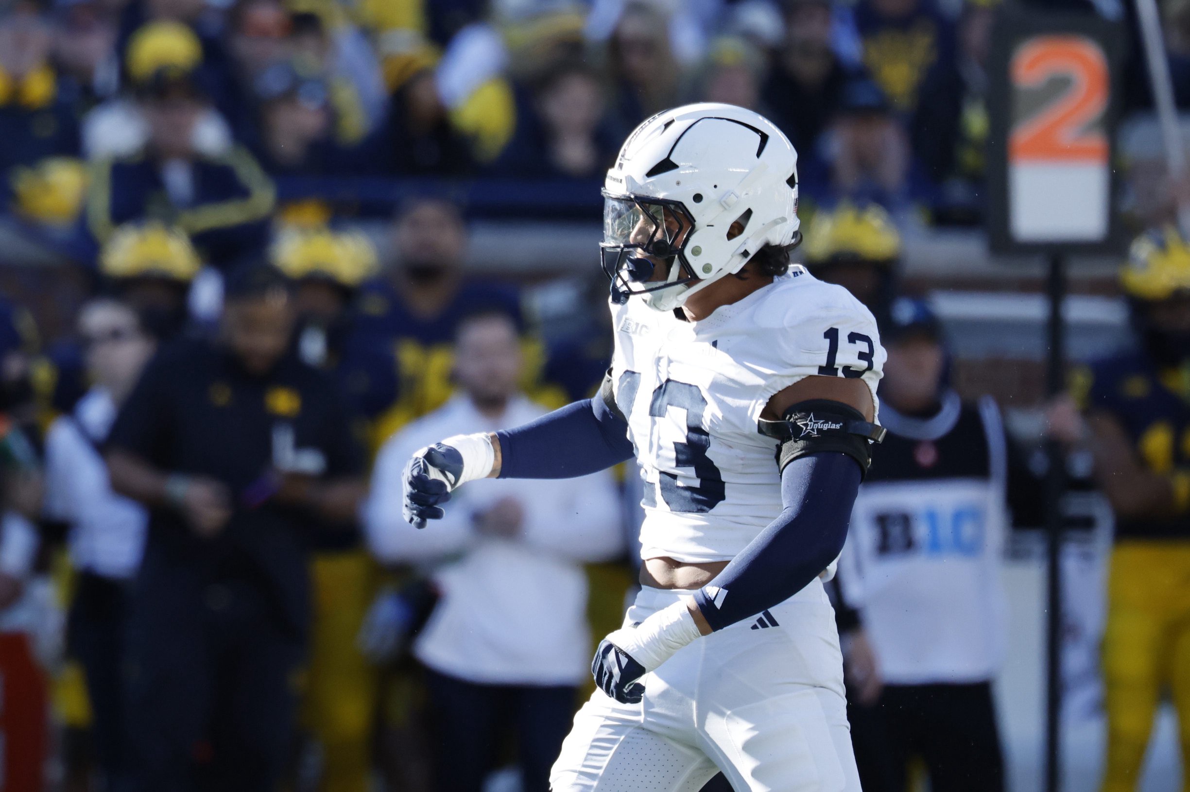 Oct 17, 2026; Ann Arbor, Michigan, USA;  Penn State Nittany Lions linebacker Tony Rojas (13) celebrates a defensive play in the first quarter against the Michigan Wolverines at Michigan Stadium.  Mandatory Credit: Rick Osentoski-Imagn Images