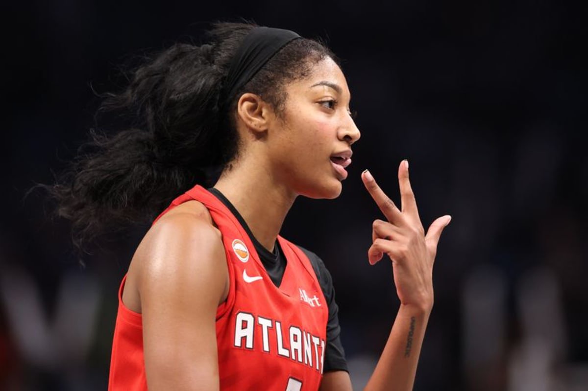 Angel Reese #5 of the Atlanta Dream reacts