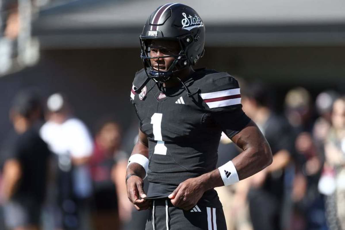 Oct 24, 2026; Starkville, Mississippi, USA; Mississippi State Bulldogs quarterback Kamario Taylor (1) looks on during warm ups prior to the game against the Oklahoma Sooners at Davis Wade Stadium at Scott Field. © Petre Thomas-Imagn Images