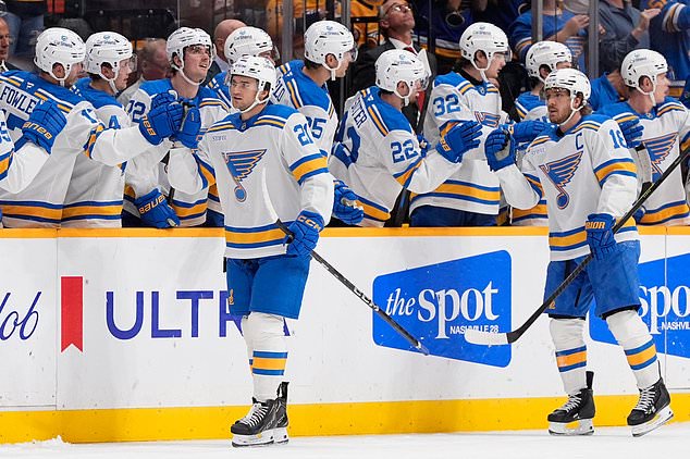 St. Louis Blues right wing Jimmy Snuggerud (21) celebrates his goal with teammates during the second period of an NHL hockey game against the Nashville Predators, Saturday, Oct. 17, 2026, in Nashville, Tenn. (AP Photo/George Walker IV)