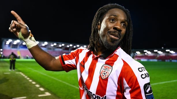 19 October 2026; Kevin dos Santos of Derry City celebrates after the SSE Airtricity Men's Premier Division match between Derry City and St Patrick's Athletic at The Ryan McBride Brandywell Stadium in Derry. Photo by Stephen McCarthy/Sportsfile