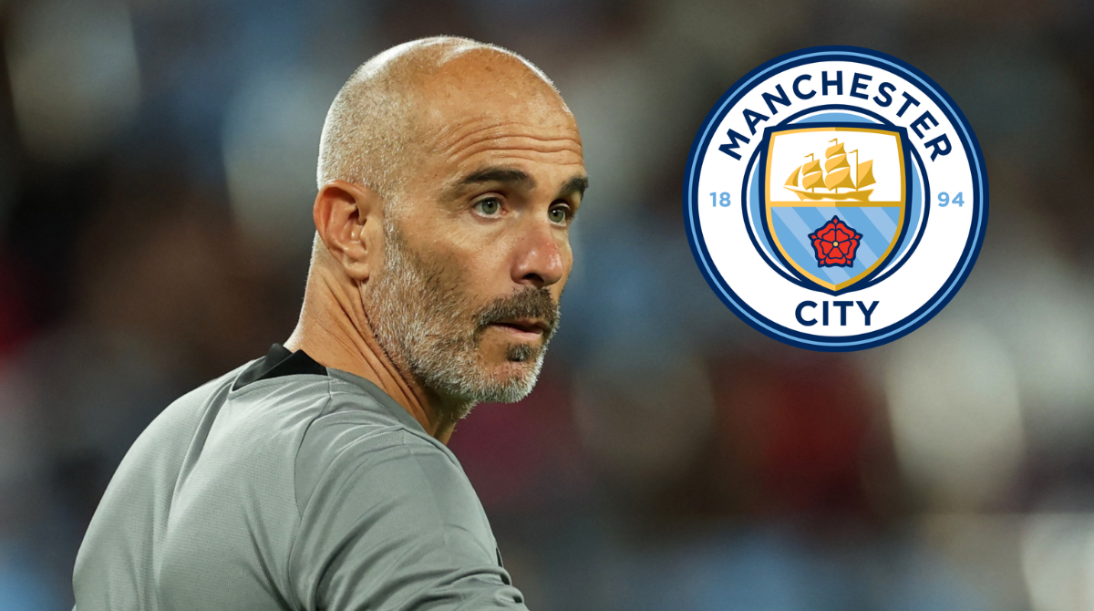 Manchester City manager Enzo Maresca and the club logo