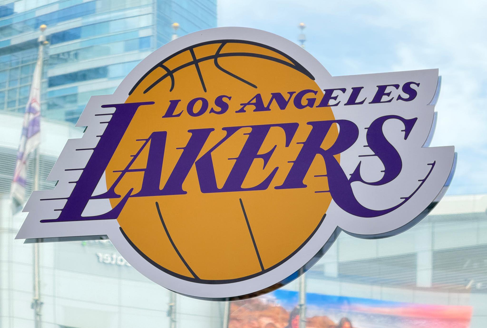 The Los Angeles Lakers logo is displayed outside Crypto.com Arena in Los Angeles on Wednesday, Aug. 12, 2026.