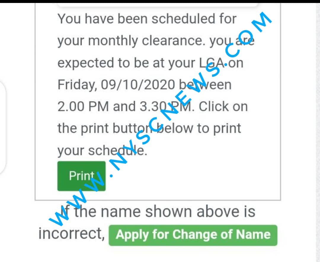 NYSC Monthly Clearance Schedule Is Out