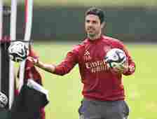 Arsenal manager Mikel Arteta during a training session at Sobha Realty Training Centre on May 01, 2024 in London Colney, England.