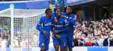 Axel Disasi of Chelsea celebrates scoring his team's first goal with teammates Nicolas Jackson and Benoit Badiashile during the Premier League matc...