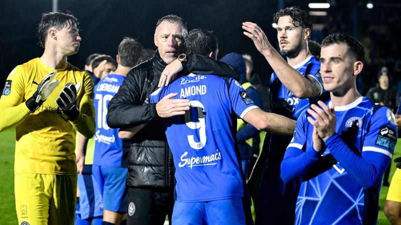 Waterford head coach Graham Coughlan, left, and Pádraig Amond of Waterford celebrate after the SSE Airtricity Men’s Premier Division match between Waterford and Galway United at the RSC in Waterford.