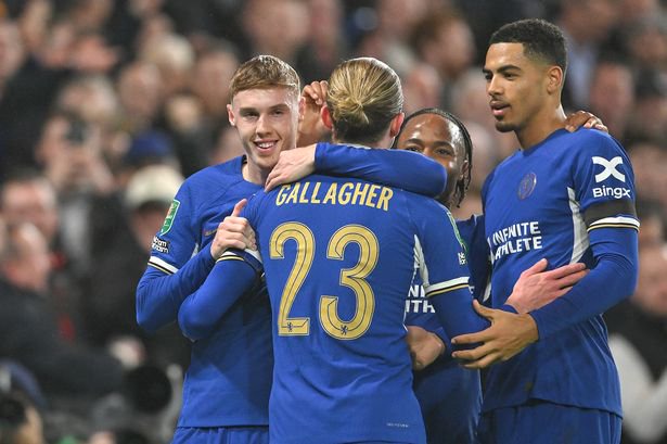 Cole Palmer celebrates his goal with teammates during the Carabao Cup Semi-Final Second Leg match between Chelsea and Middlesbrough at Stamford Bridge.
