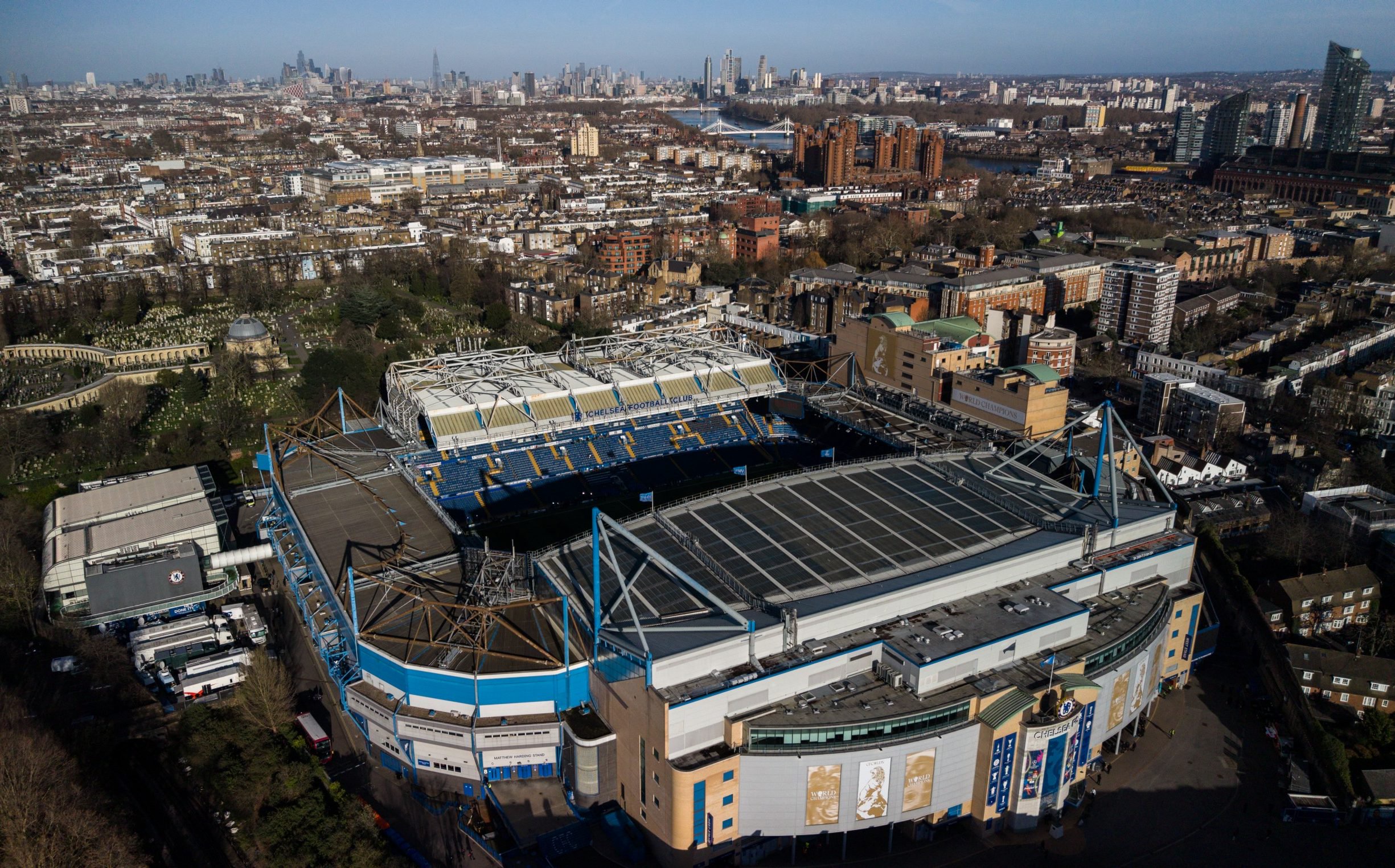 An aerial view of Stamford Bridge prior to the UEFA Champions League 2025/26 Round of 16 Second Leg match between Chelsea FC and Paris Saint-Germain