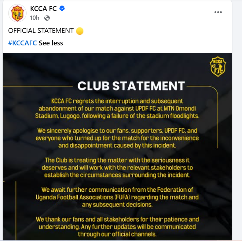 KCCA issues a formal statement after a blackout hit Philip Omondi Stadium in Uganda. PHOTO/https://www.facebook.com/kccafc
