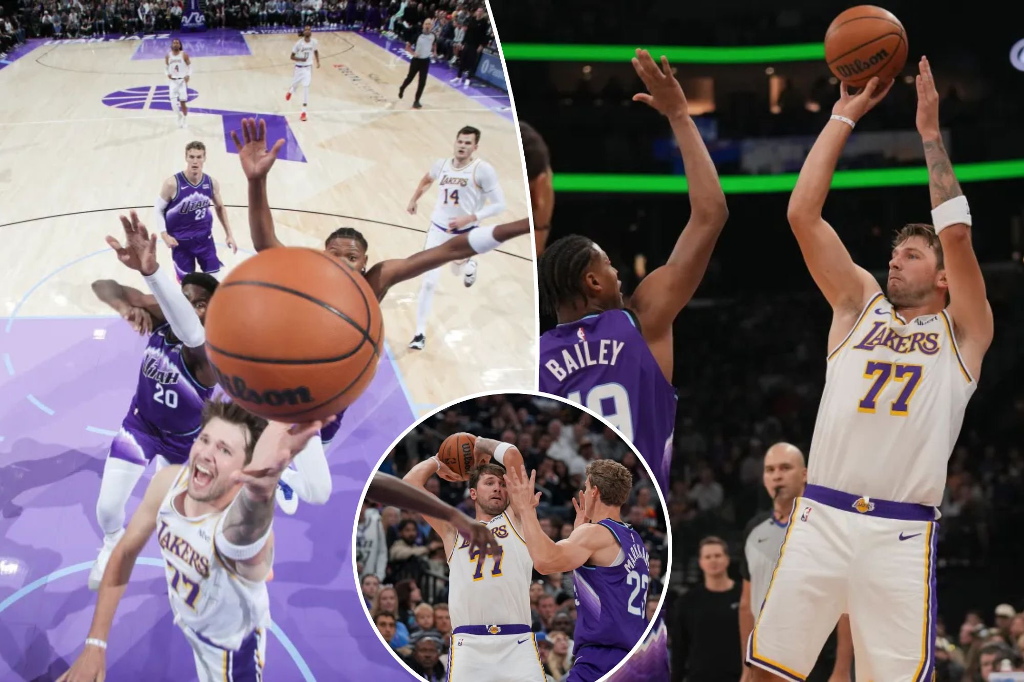 An image collage containing 3 images, Image 1 shows Luka Doncic drives to the basket during a game against the Utah Jazz, Image 2 shows Los Angeles Lakers forward/guard Luka Dončić (77) shoots over Utah Jazz forward Ace Bailey (19), Image 3 shows Los Angeles Lakers forward/guard Luka Dončić (77) looks to pass the ball as Utah Jazz forward/center Lauri Markkanen (23) blocks during a basketball game
