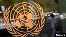 The logo of the United Nations is seen on the outside of the U.N. headquarters in New York, 