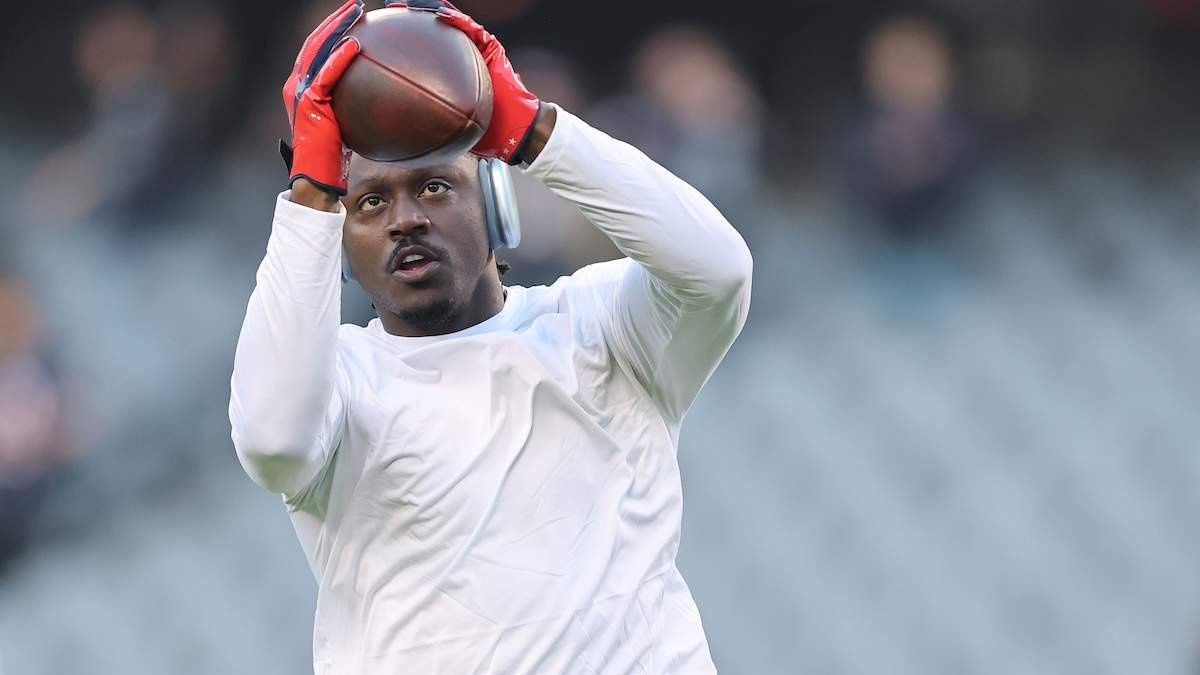 A.J. Brown #1 of the New England Patriots warms up prior to the game against the Chicago Bears