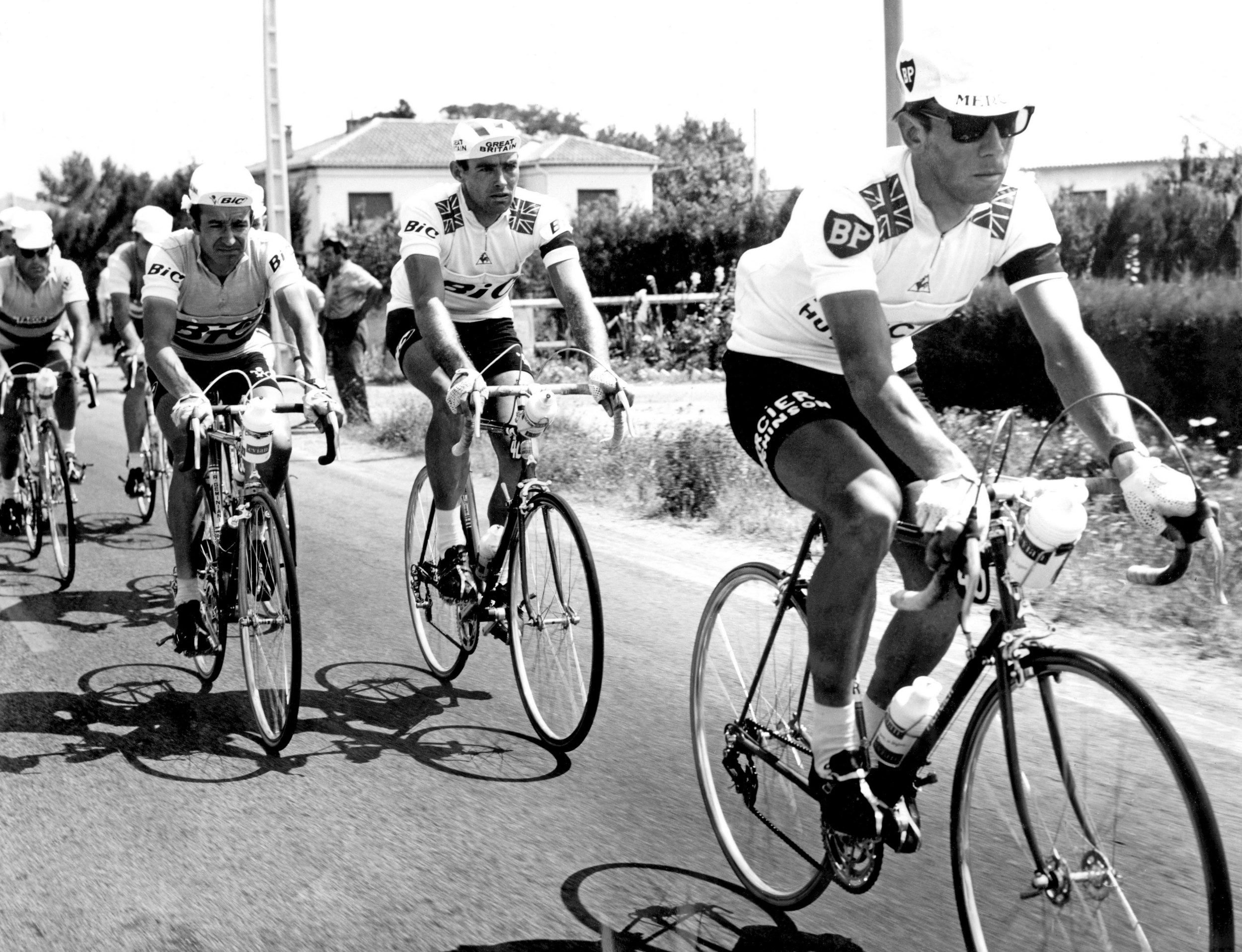 Barry Hoban out in front on Stage 14 of the Tour de France, the day after the death of Tom Simpson, followed by Jean Stablinski, left, and Vin Denson