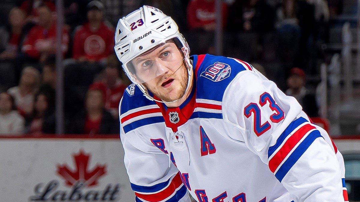 Adam Fox of the New York Rangers gets set for the faceoff against the Detroit Red Wings during the second period at Little Caesars Arena in Detroit, Michigan, on Nov. 7, 2025.
