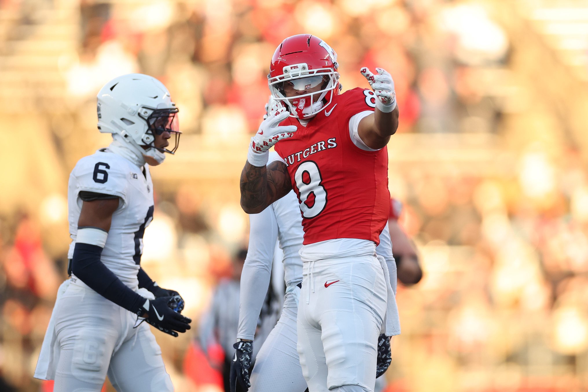 Nov 29, 2025; Piscataway, New Jersey, USA; Rutgers Scarlet Knights wide receiver Kj Duff (8) reacts after a touchdown reception during the first half against the Penn State Nittany Lions at SHI Stadium. Mandatory Credit: Vincent Carchietta-Imagn Images