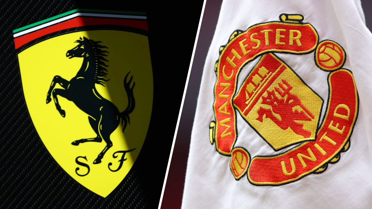 Split image of Scuderia Ferrari F1 and Manchester United badge