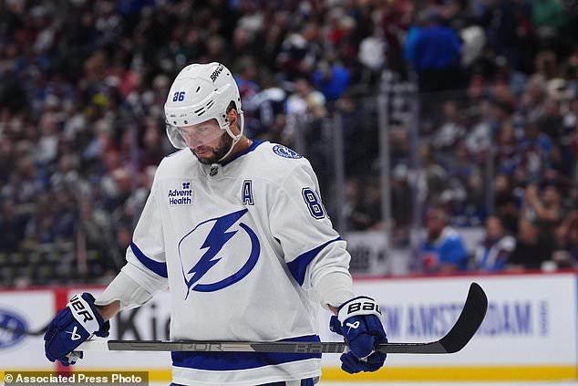 Tampa Bay Lightning right wing Nikita Kucherov waits for a face-off in the first period of an NHL hockey game against the Colorado Avalanche, Friday, Oct. 23, 2026, in Denver. (AP Photo/David Zalubowski)