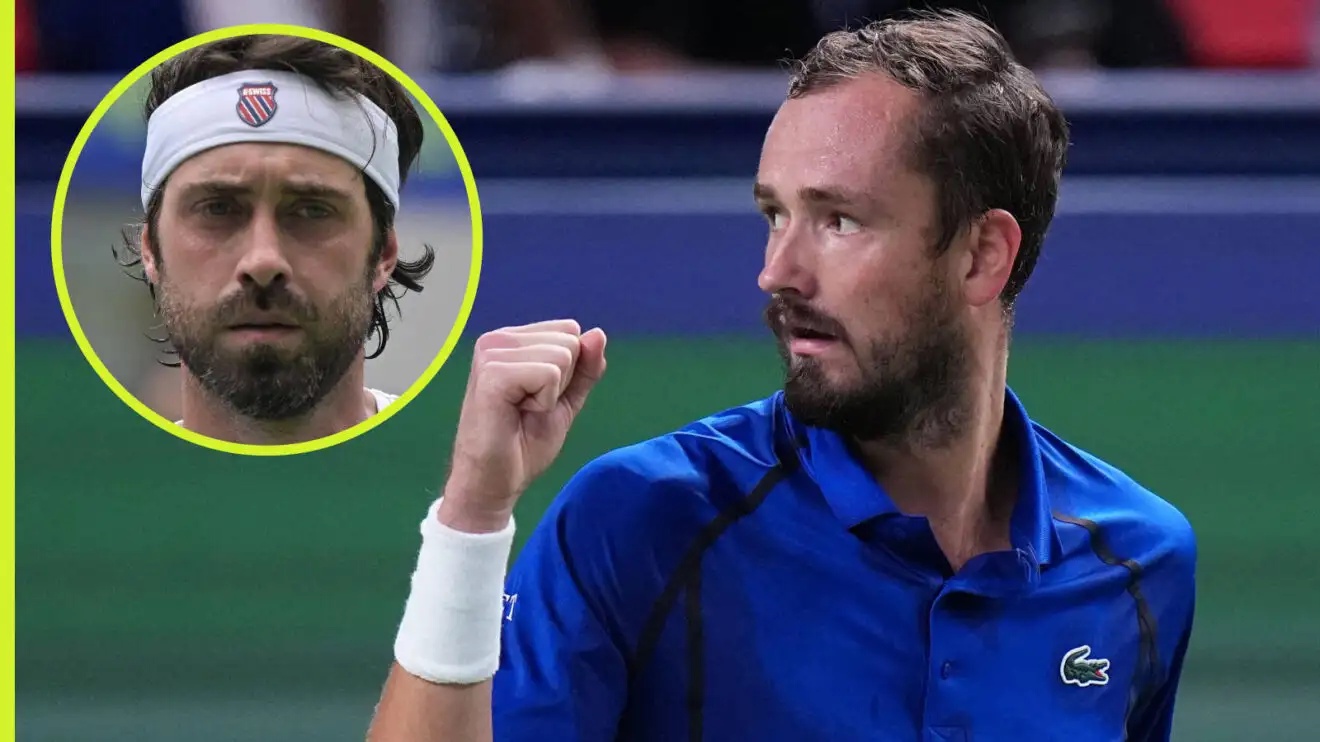 Pictured: Daniil Medvedev with inset of Nikoloz Basilashvili