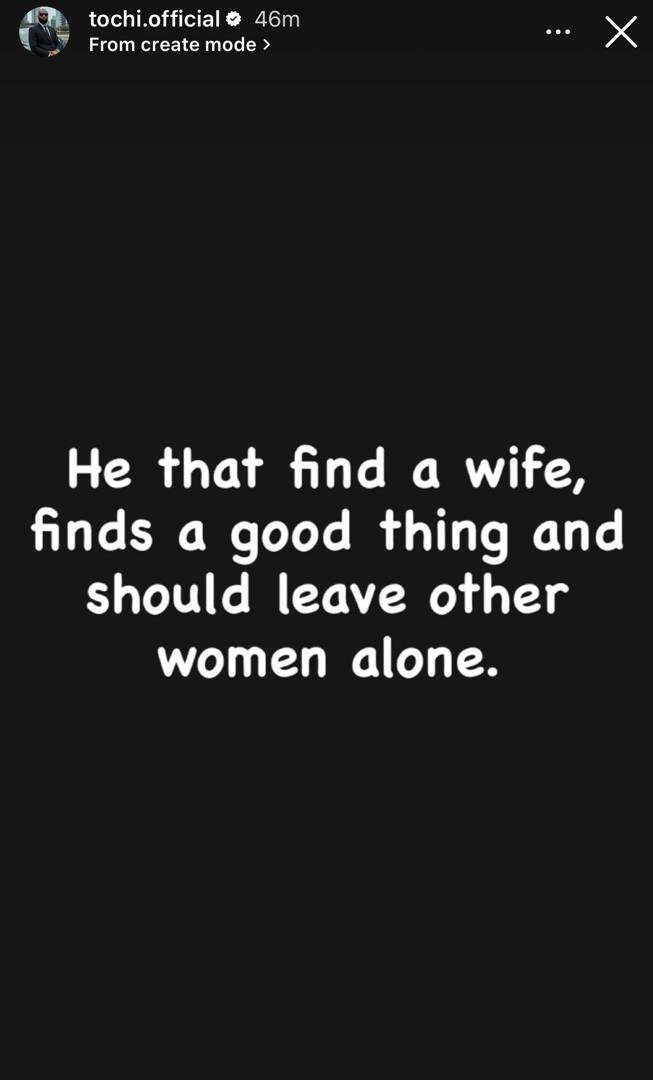 He that finds a wife should leave other women alone - Reality TV star, Tochi sends ?gentle reminder? to married men