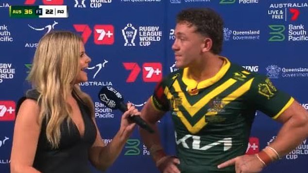 Channel 7 reporter Jelisa Apps has received public support after her World Cup interview with Fiji star Kurt Donoghoe, wearing a Kangaroos jersey after the match, sparked online criticism