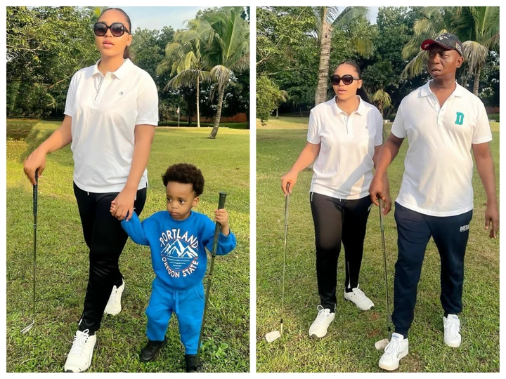 Reactions As Regina Daniels Shares New Post Playing Golf With Her Husband, Son And Mother